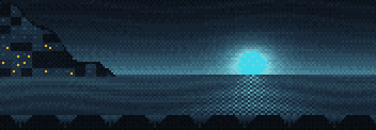 A low-resolution view of a coastline at dusk: a town stacked on a headland, the sun low over the water, parasols along the terrace.